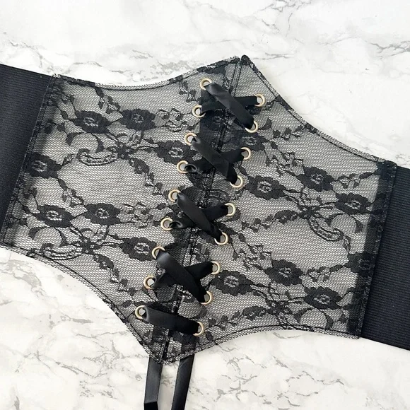 Romantic Black Lace Corset Style Waist Belt Stretch Snap Back Closure Size Small - Picture 9 of 12